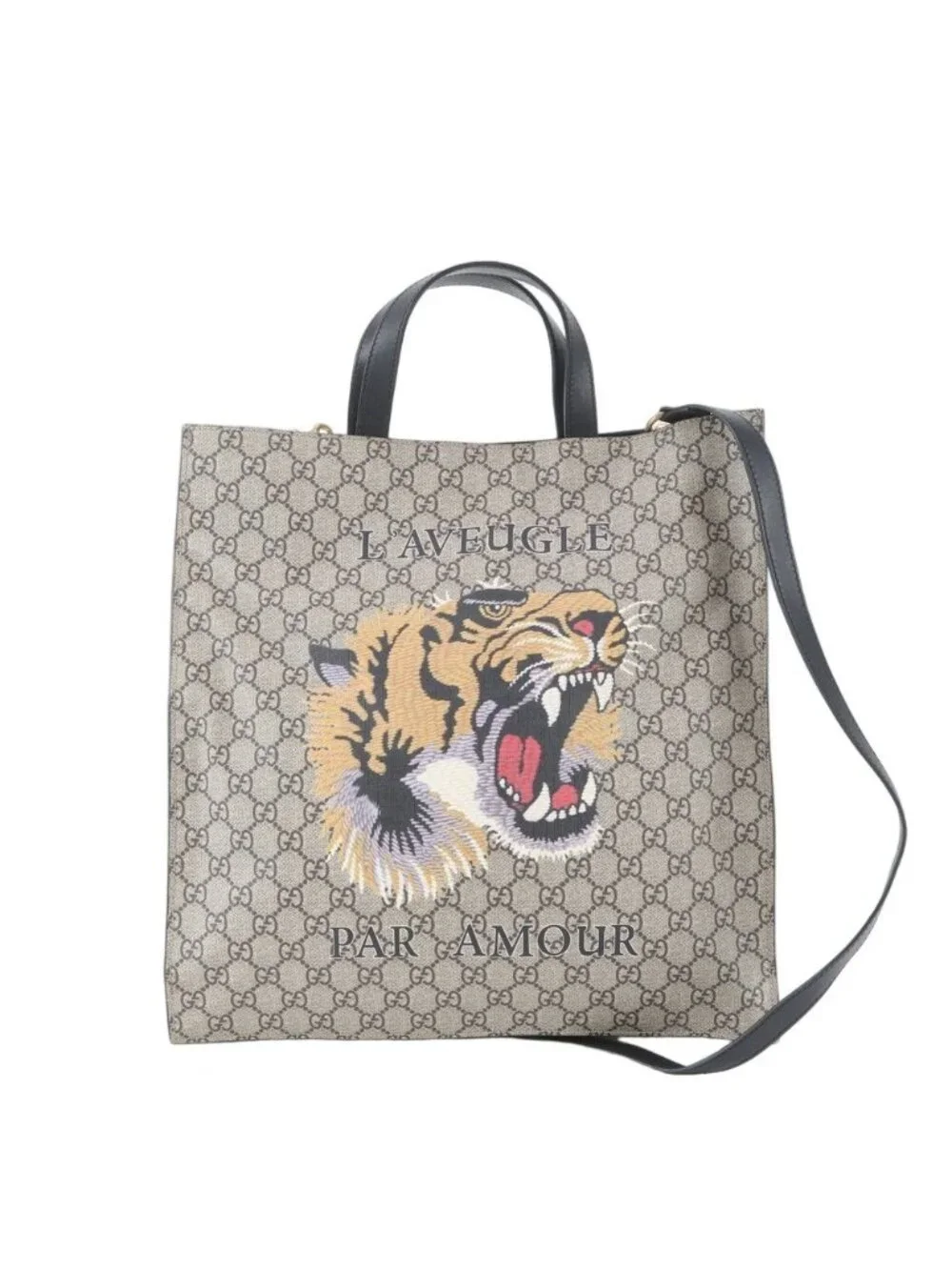 Gucci GG Supreme Tiger Print Leather 2-Way Tote Crossbody Shoulder